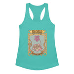 Teal tank top with floral graphic and text on a white background