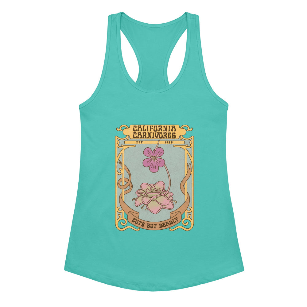 Teal tank top with floral graphic and text on a white background