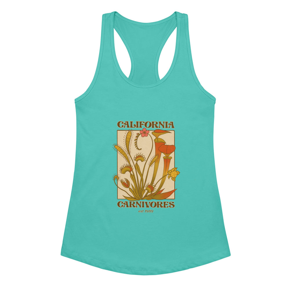 Teal tank top with carnivorous plant graphic and 'California Carnivores' text on a white background