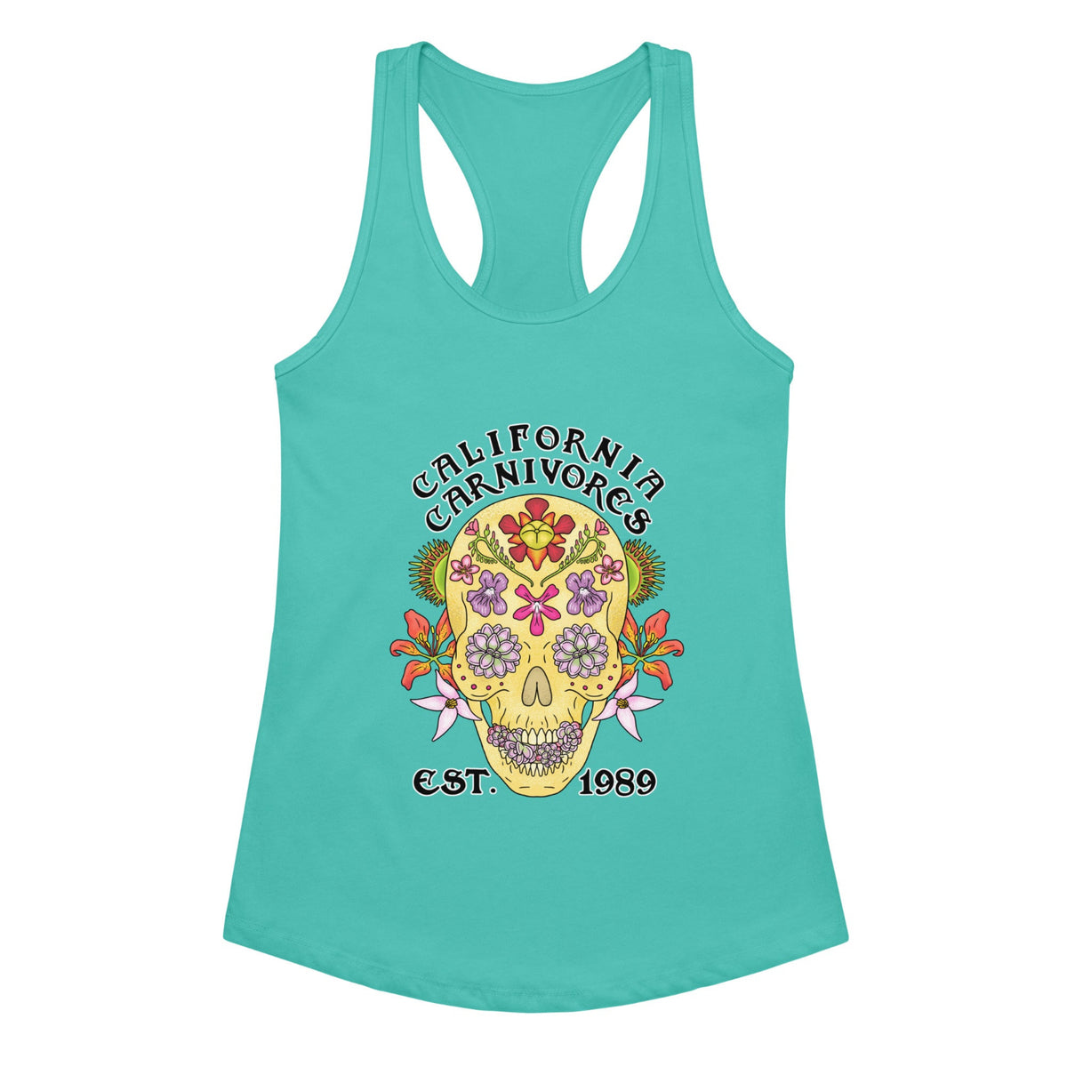 Tahiti Blue tank top with a colorful skull design and 'California Carnivores' text on a white background