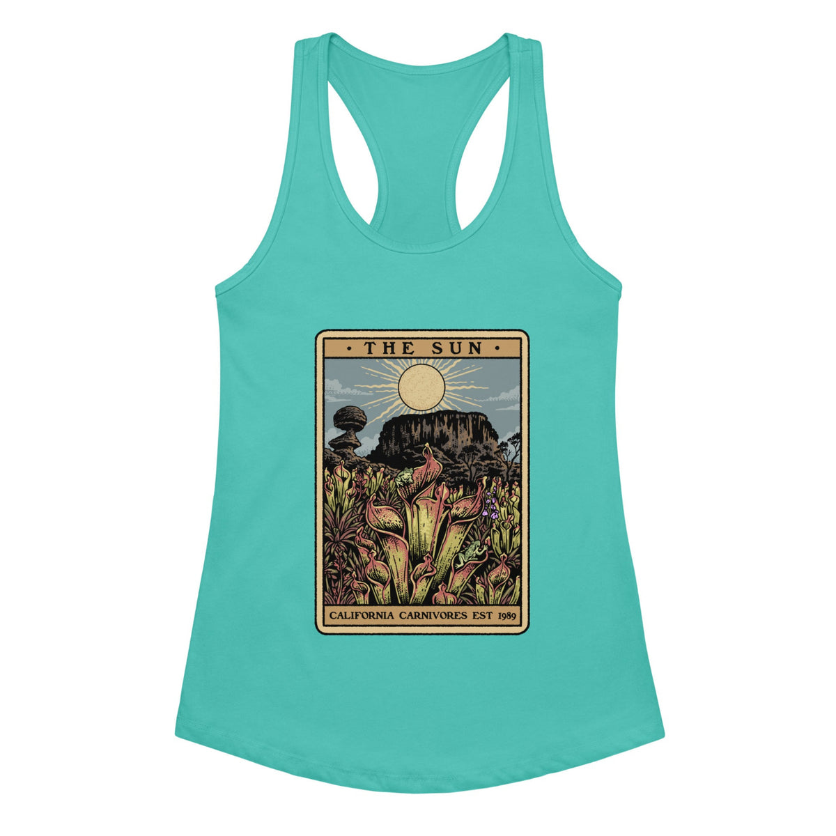 Tahiti Blue Womens Tank Top with a graphic design of a tarot card featuring heliamphora and text 