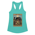 Tahiti Blue Womens Tank Top with a graphic design of a tarot card featuring heliamphora and text 