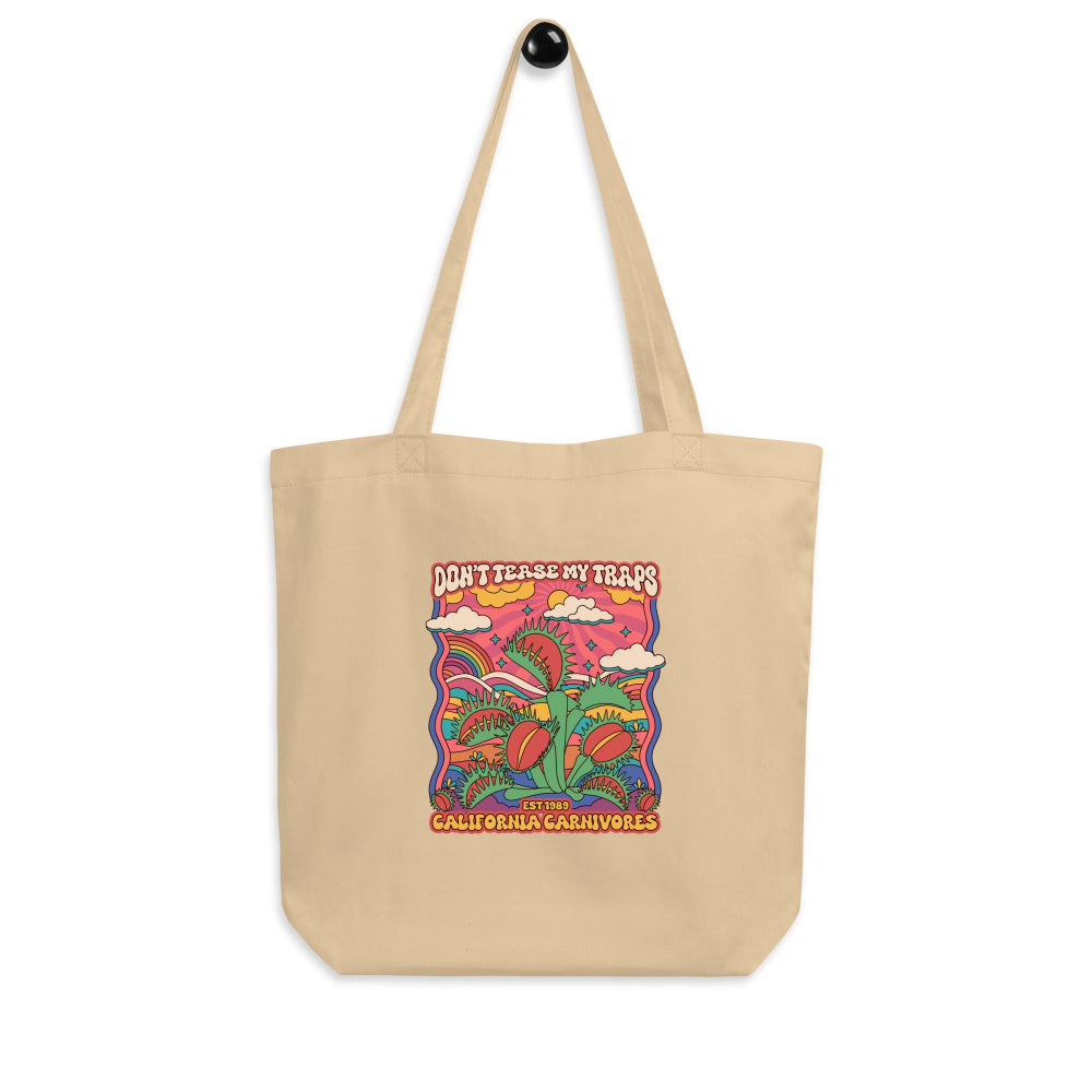 Beige tote bag with colorful graphic design on a white background