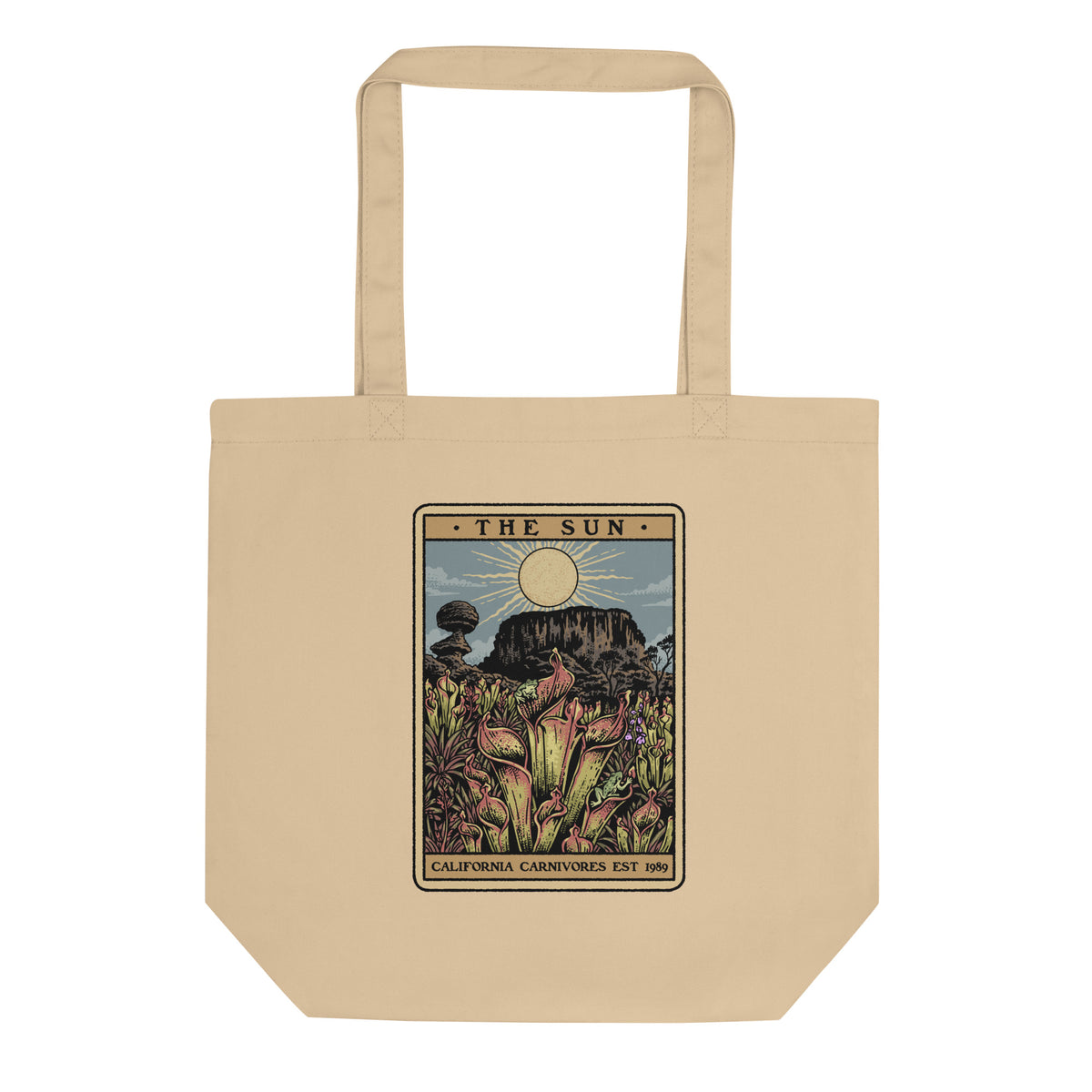 Tan tote bag with a tarot card-style design featuring plants and 'The Sun' card text.