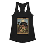 Black Womens Tank Top with a graphic design of a tarot card featuring heliamphora and text 
