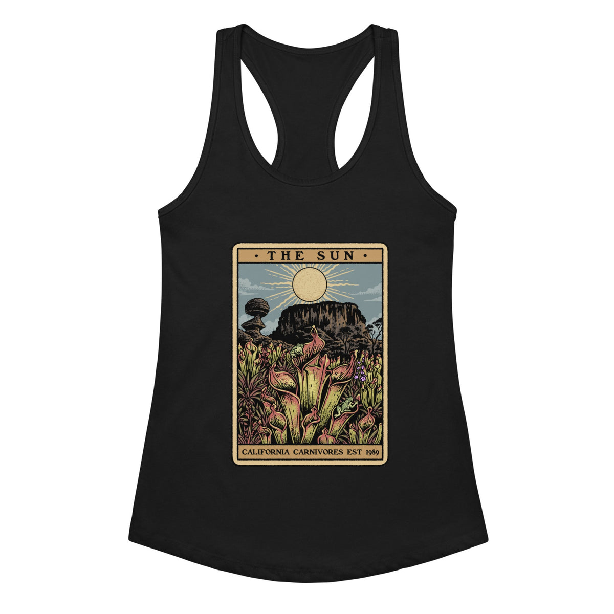 Black Womens Tank Top with a graphic design of a tarot card featuring heliamphora and text 