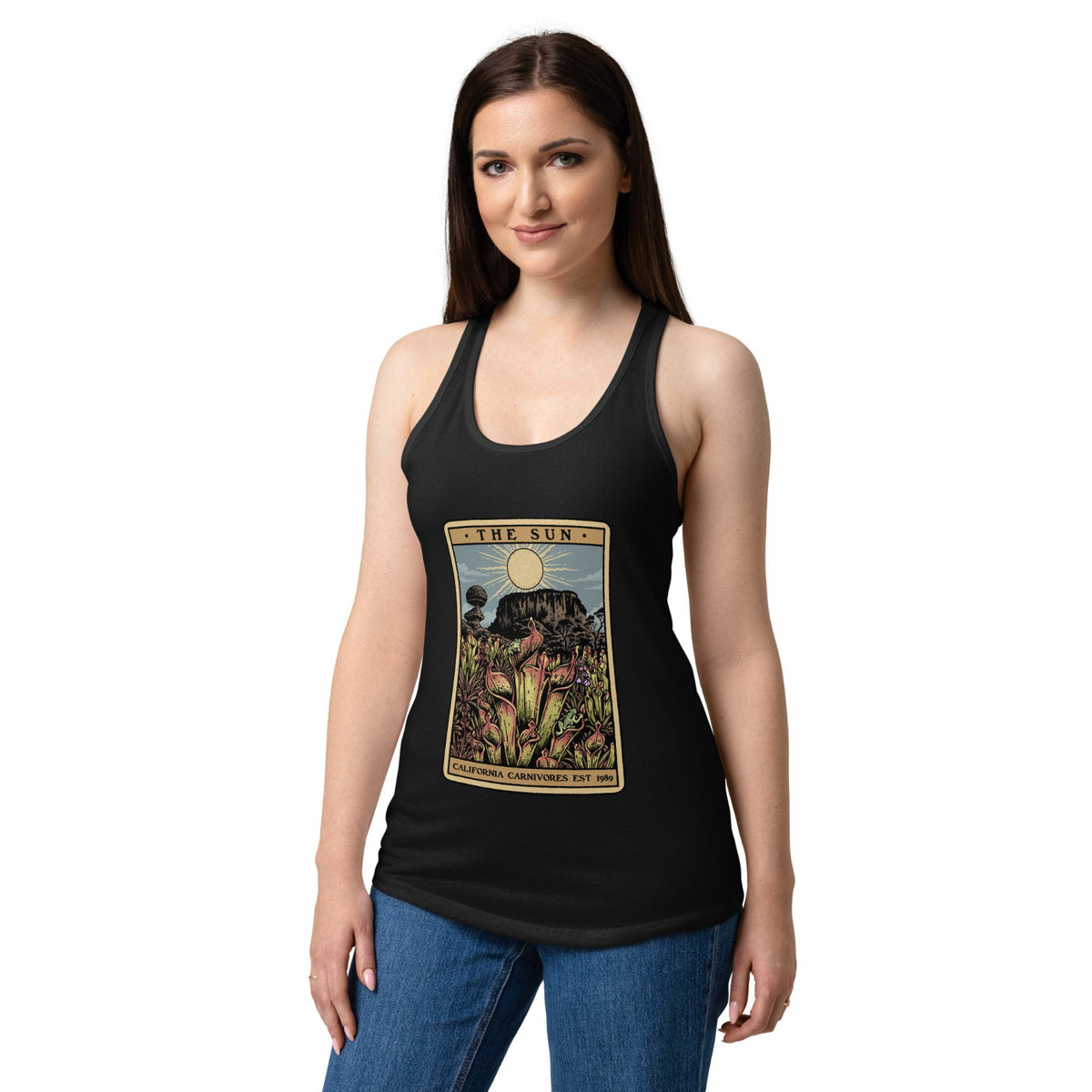 Womens Tank Top with a graphic design of a tarot card featuring heliamphora and text on female model