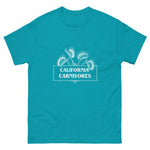 Teal t-shirt with 'California Carnivores' logo on a white background
