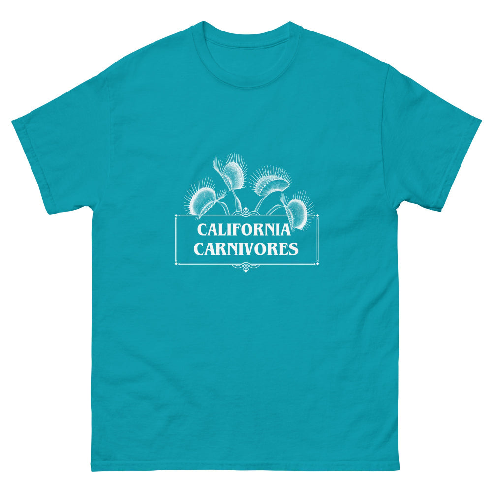 Teal t-shirt with 'California Carnivores' logo on a white background