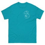 Teal t-shirt with a white graphic on a white background