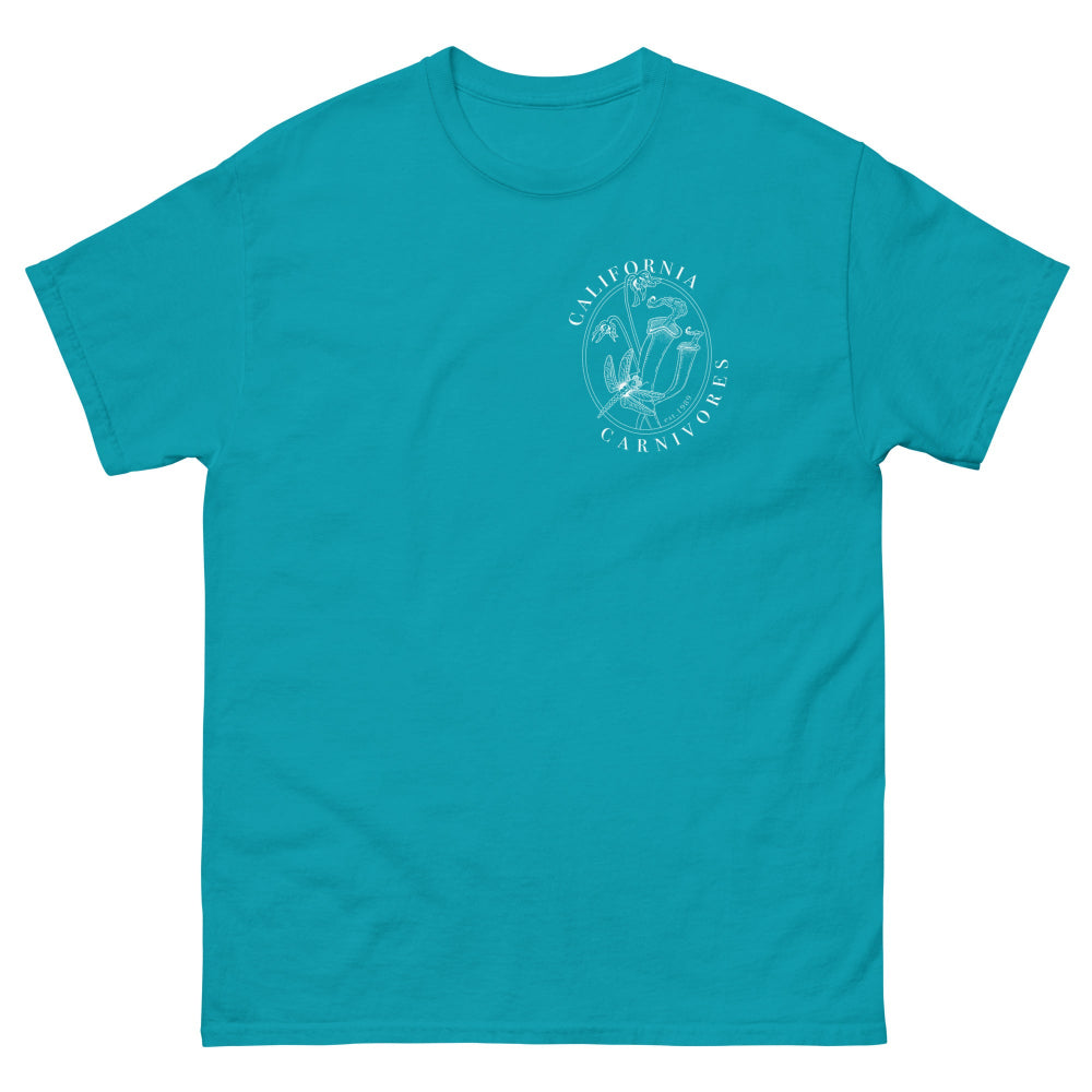 Teal t-shirt with a white graphic on a white background