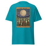Teal t-shirt with 'The Moon' tarot card design on a white background
