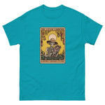 Teal t-shirt with a graphic of a skeleton gardener and text on a white background