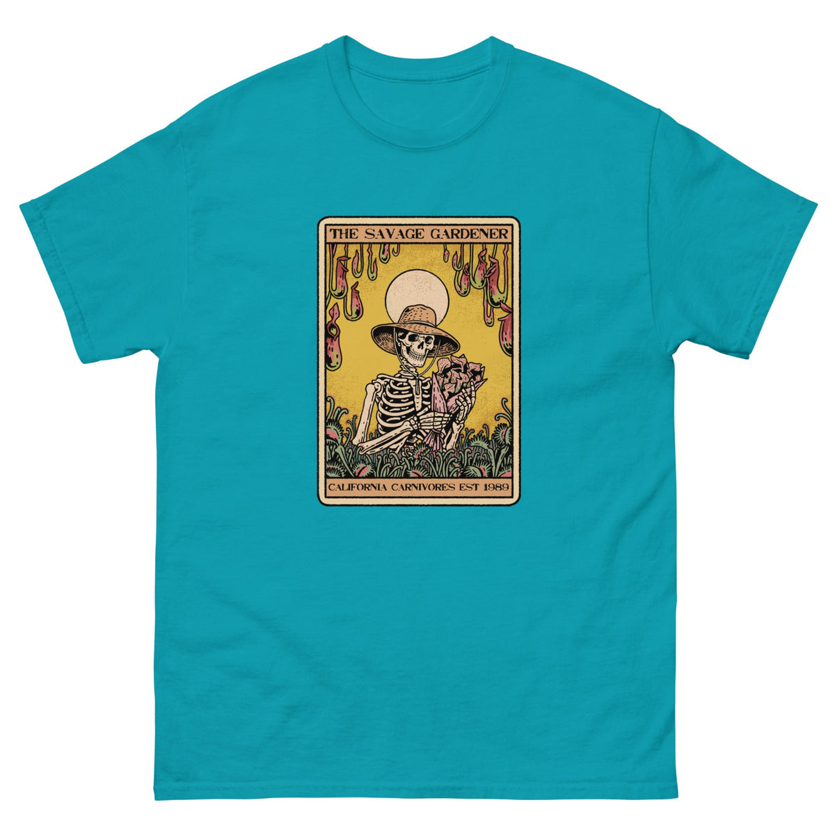 Teal t-shirt with a graphic of a skeleton gardener and text on a white background