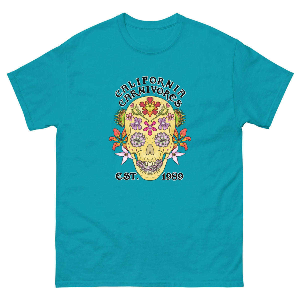 Teal t-shirt with a colorful skull design and text on a white background