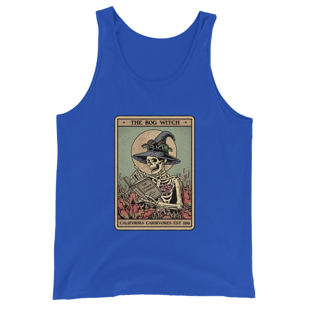 Blue tank top with a skeleton wearing a witch hat and reading a book design on a white background.