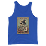 Blue tank top with a skeleton wearing a witch hat and reading a book design on a white background.