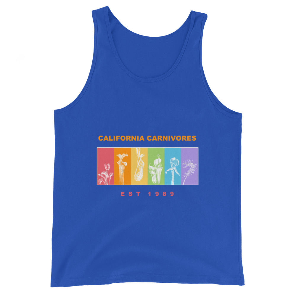 Blue tank top with 'California Carnivores' graphic design on a white background