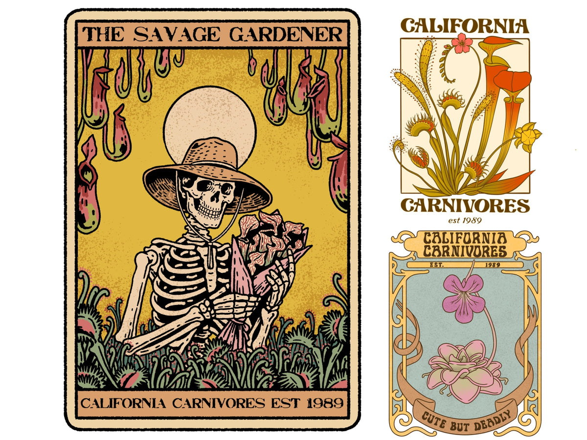 Three graphics with California carnivores merchandise designs; the savage gardener tarot card design, the dreamy vintage bog garden design and the cute but deadly design