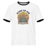 White t-shirt with black ringer sleeves featuring a graphic design on a white background