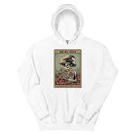 White hoodie with a graphic of a skeleton in a witch hat and books on a white background