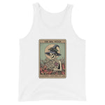 White tank top with a graphic of a skeleton in a witch hat and books, labeled 'The Bog Witch'.