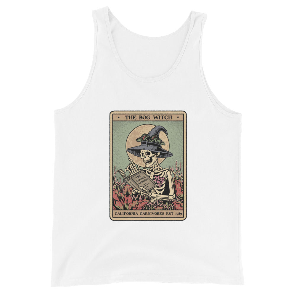 White tank top with a graphic of a skeleton in a witch hat and books, labeled 'The Bog Witch'.