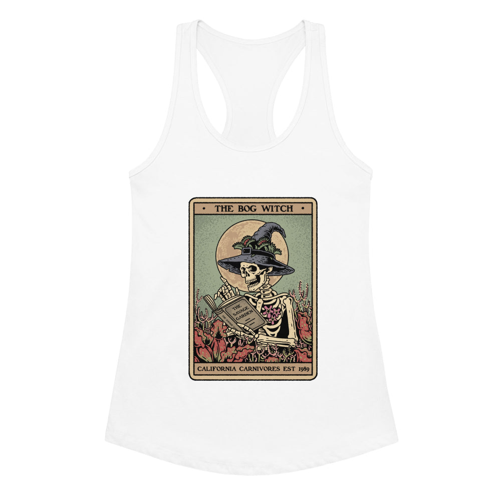 White tank top with a skeleton wearing a witch hat and reading a book design on a white background