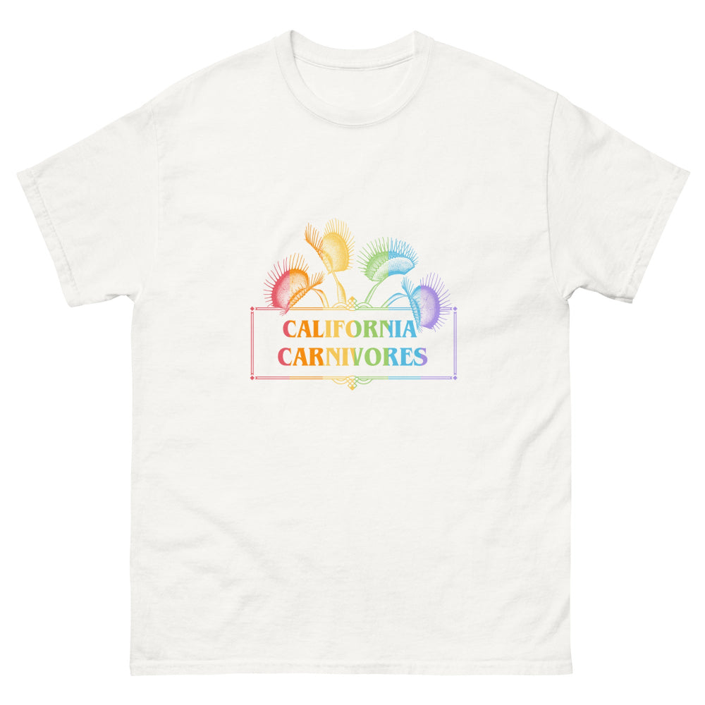 White t-shirt with 'California Carnivores' colorful graphic design on a white background
