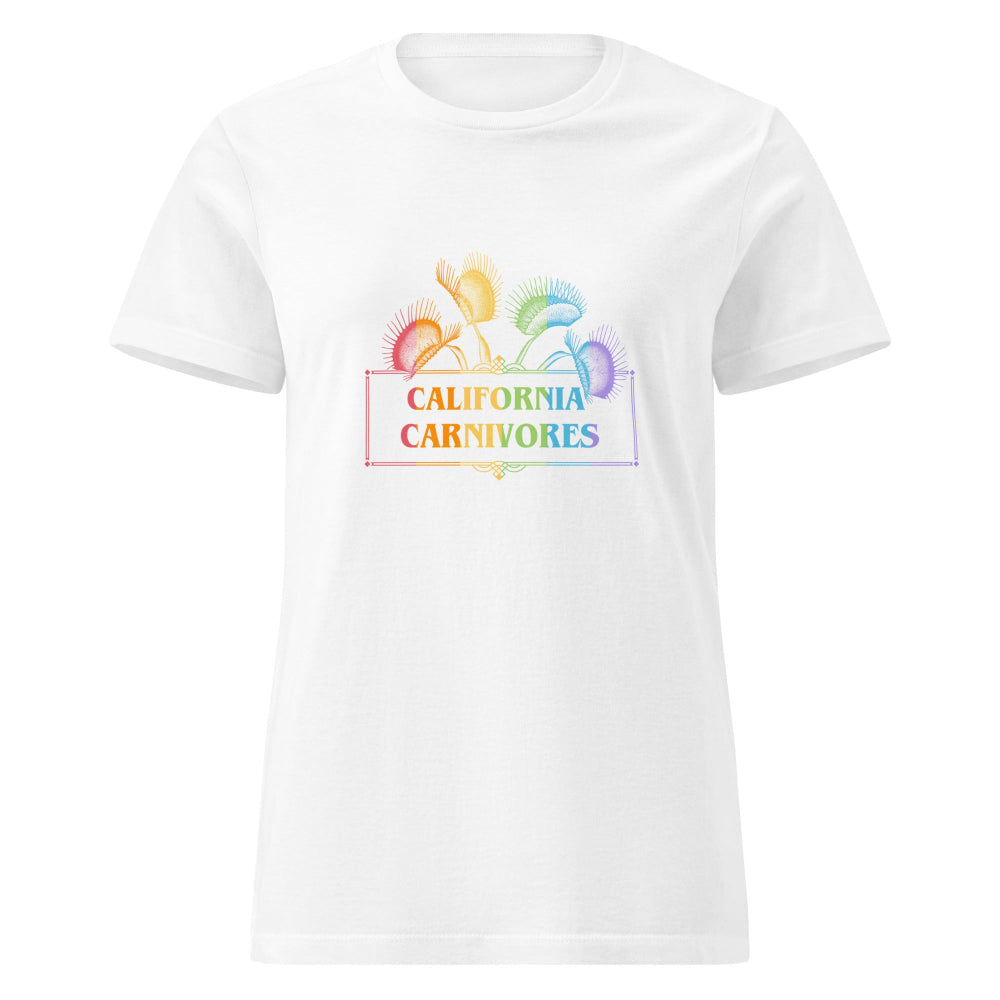 White t-shirt with colorful 'California Carnivores' logo on a white background