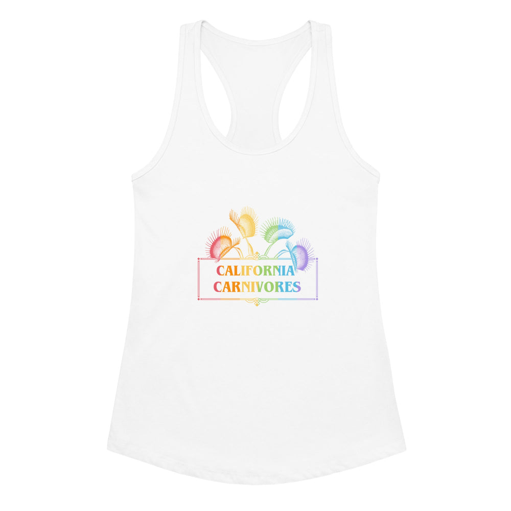 White tank top with colorful 'California Carnivores' logo on a white background