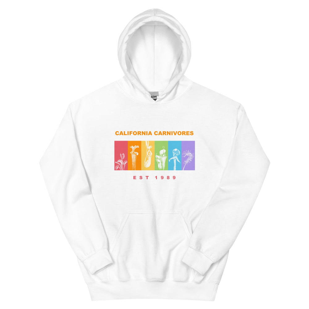 White hoodie with colorful graphic and 'California Carnivores' text on a white background