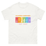 White t-shirt with colorful graphic and 'California Carnivores' text on a white background