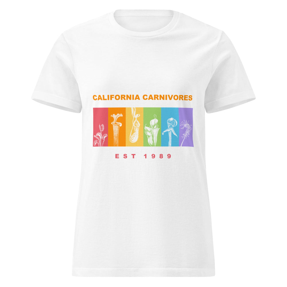 White t-shirt with colorful graphic and text 'California Carnivores Est 1989' on a white background