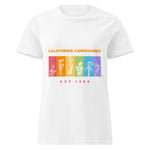 White t-shirt with colorful graphic and text 'California Carnivores Est 1989' on a white background