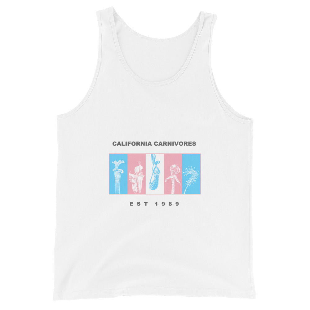 White tank top with graphic design and text on a white background
