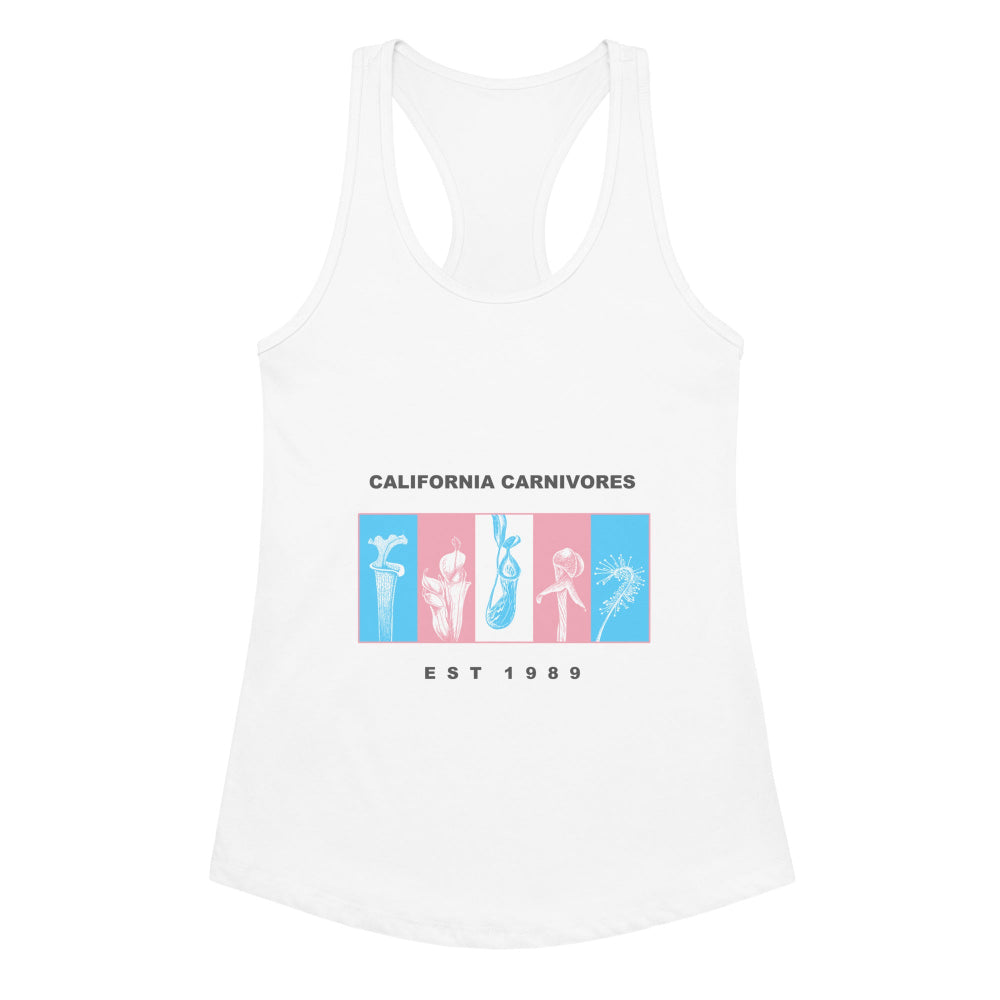 White tank top with graphic design and text on a white background
