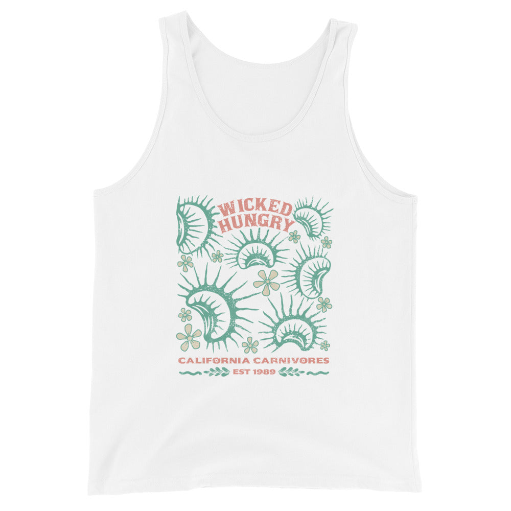 White California Carnivores unisex tank top with Wicked Hungry in coral, in the upper middle, surrounded by wood block print style flytraps in teal. 