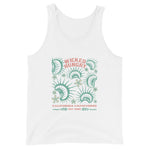 White California Carnivores unisex tank top with Wicked Hungry in coral, in the upper middle, surrounded by wood block print style flytraps in teal. 