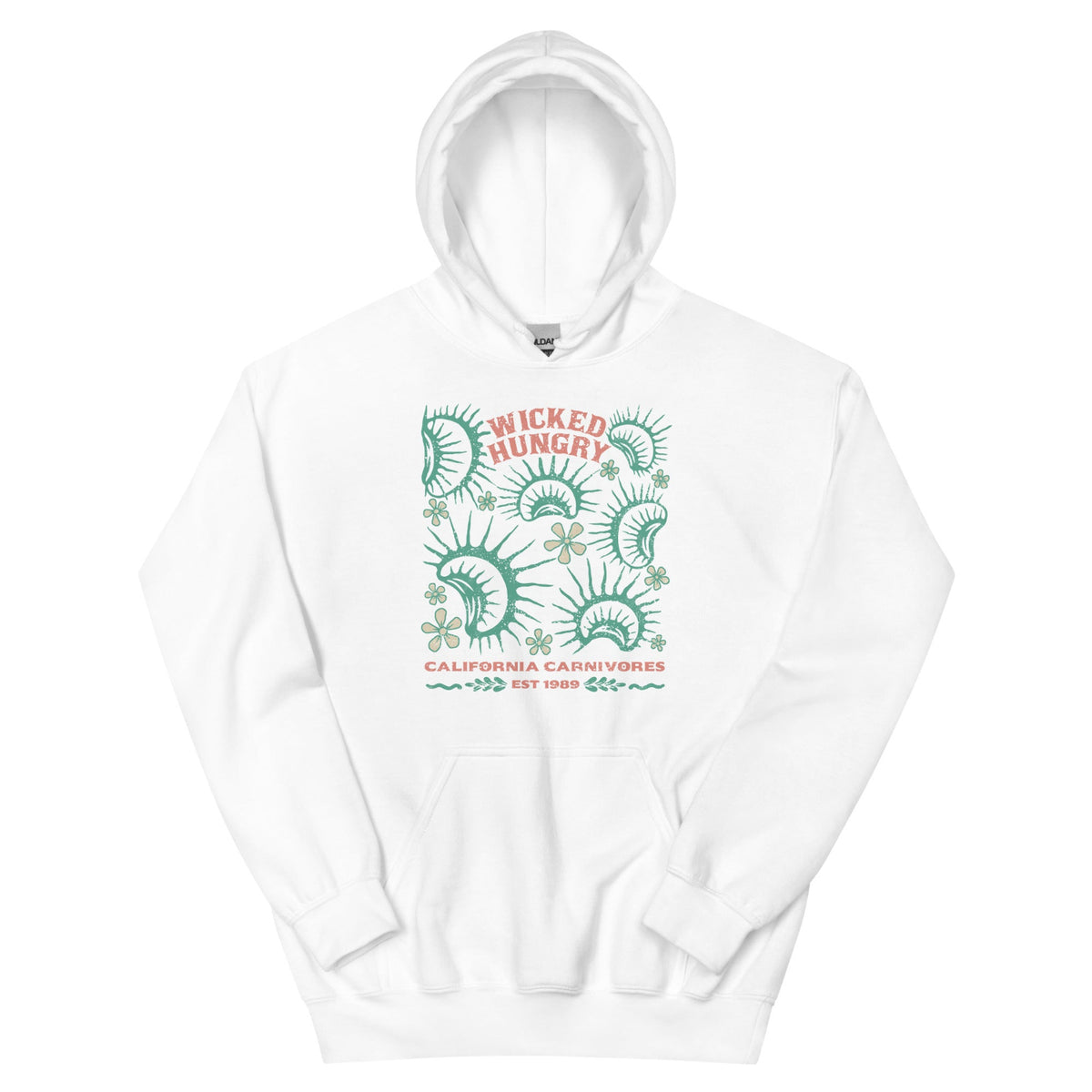 White California Carnivores unisex hoodie with Wicked Hungry in coral, in the upper middle, surrounded by wood block print style flytraps in teal. 