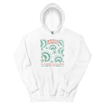 White California Carnivores unisex hoodie with Wicked Hungry in coral, in the upper middle, surrounded by wood block print style flytraps in teal. 