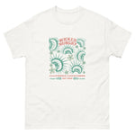 White California Carnivores unisex shirt with Wicked Hungry in coral, in the upper middle, surrounded by wood block print style flytraps in teal. 