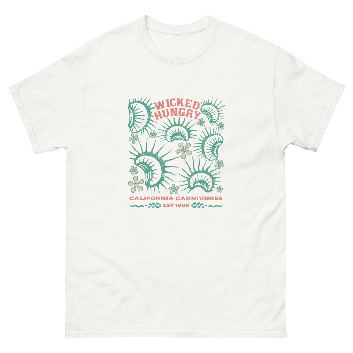 White California Carnivores unisex shirt with Wicked Hungry in coral, in the upper middle, surrounded by wood block print style flytraps in teal. 