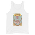 White tank top with a graphic design featuring flowers and text on a white background