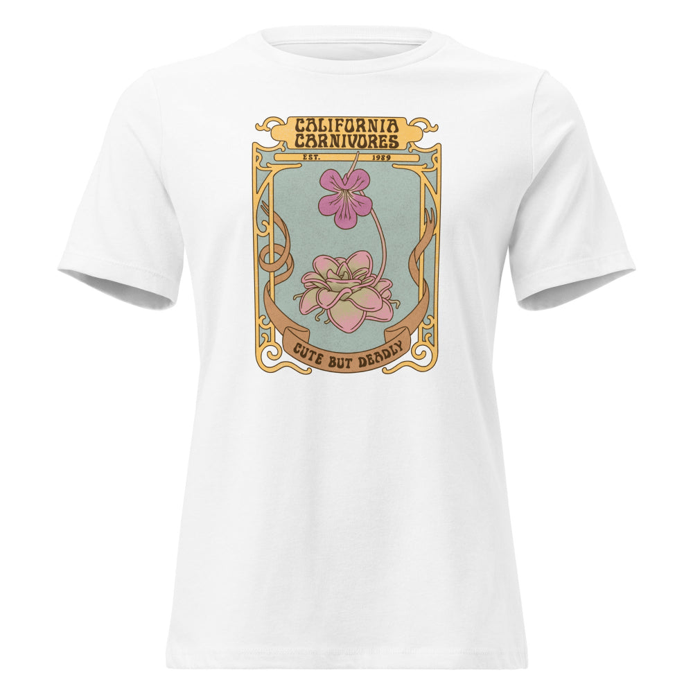 White t-shirt with a graphic design featuring flowers and text on a white background