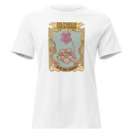 White t-shirt with a graphic design featuring flowers and text on a white background