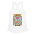 White tank top with a decorative floral design and text on a white background