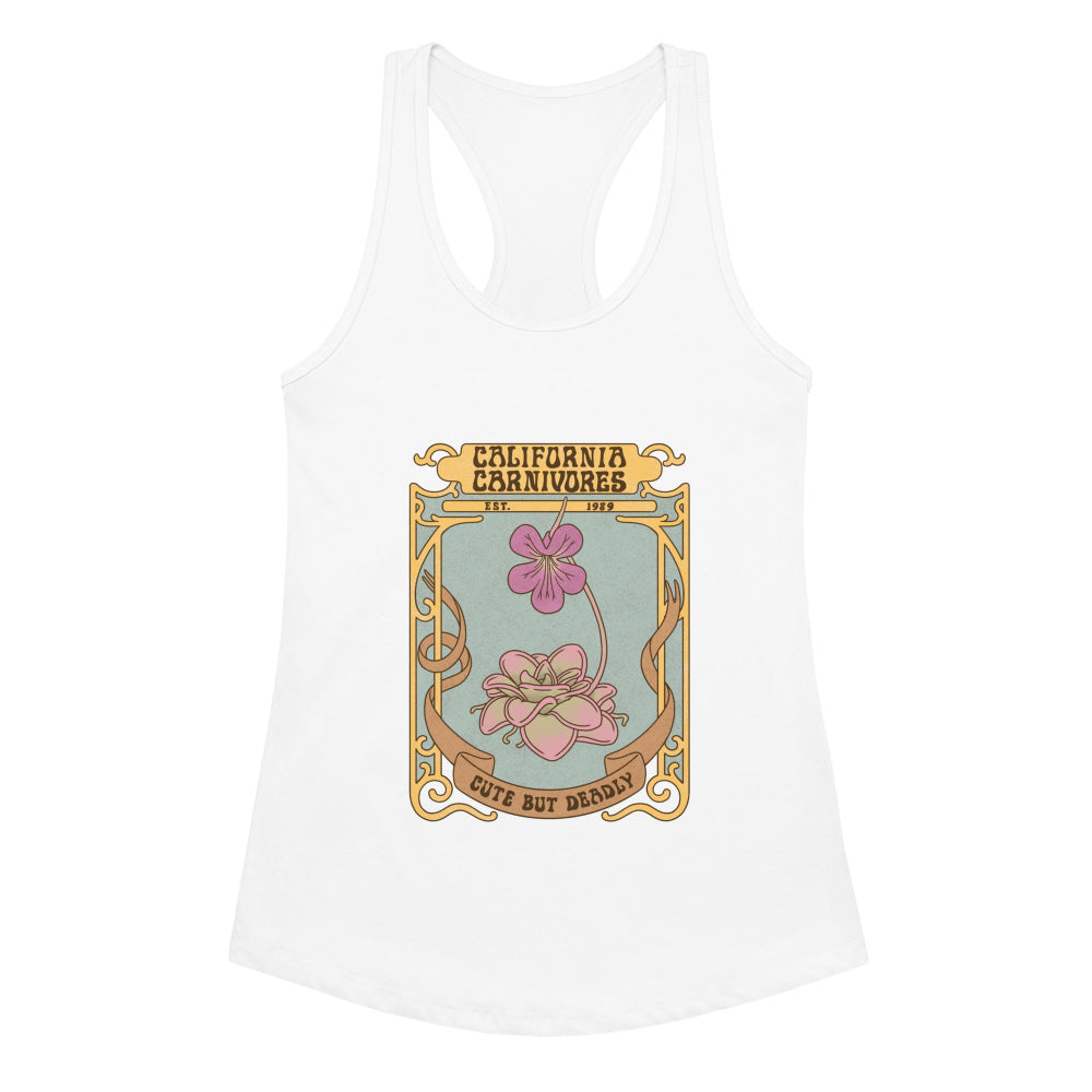 White tank top with a decorative floral design and text on a white background