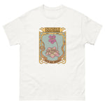 White t-shirt with a graphic design of flowers and text on a white background