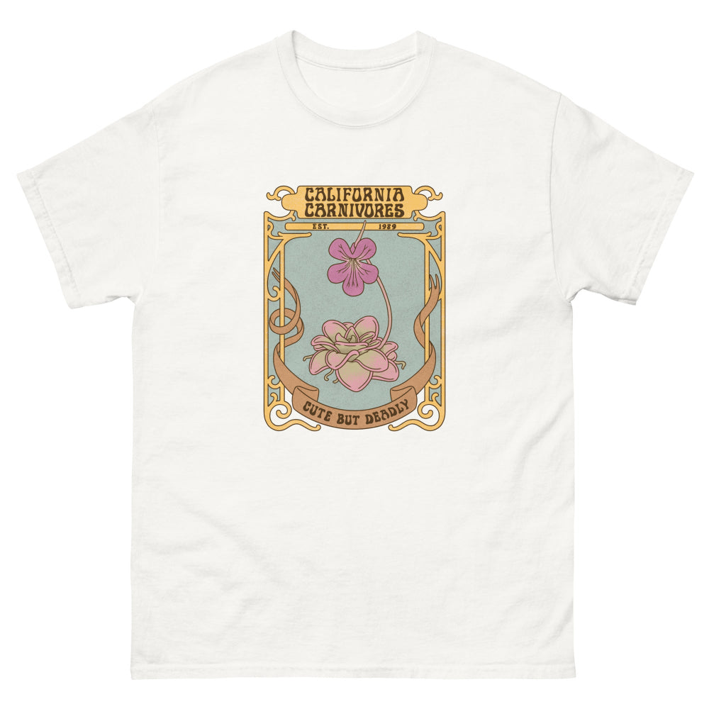 White t-shirt with a graphic design of flowers and text on a white background